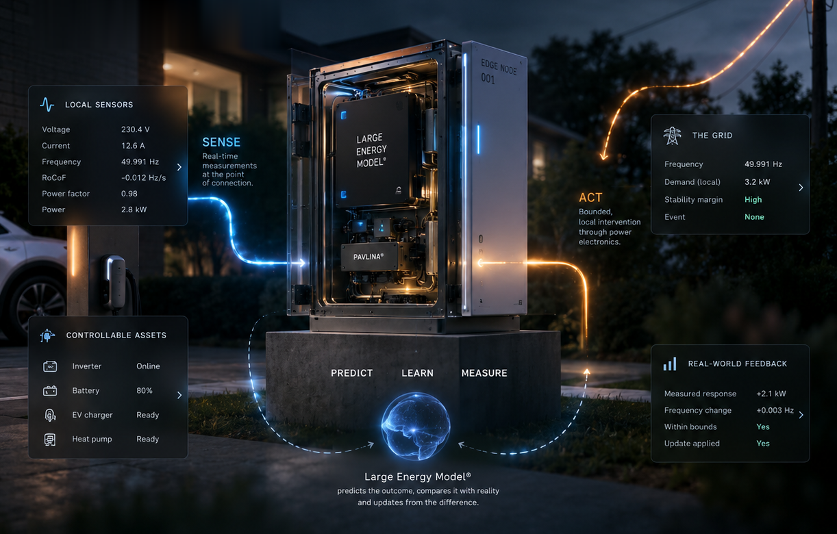 A single intelligent edge node beside a driveway: local sensors, Large Energy Model compute, inverter and battery, with power and data paths connecting it to the grid