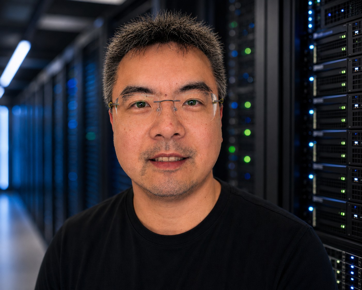 Aaron Tan, founder of Large Energy Model, photographed in a data centre aisle